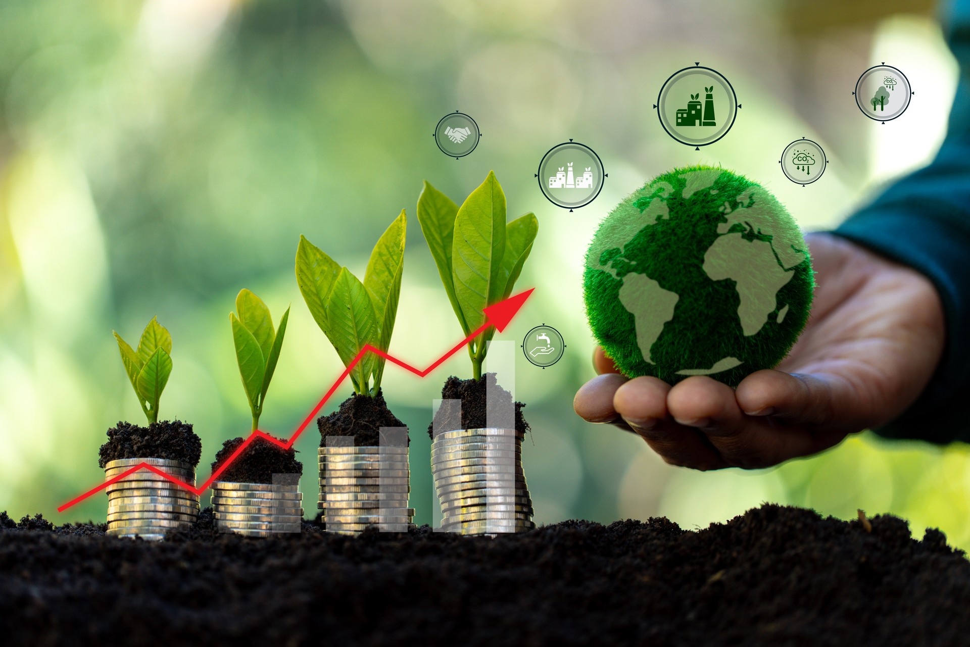 Green finance icon symbolizes business growth, driving economic development and financial prosperity as economy continues to grow and generate more money.